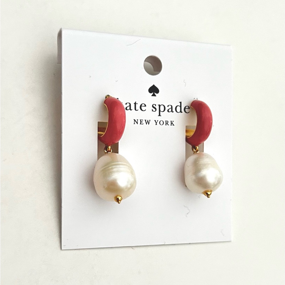 Kate Spade Candy Drops Enamel Pearl Drop Huggies-  Coral/Gold